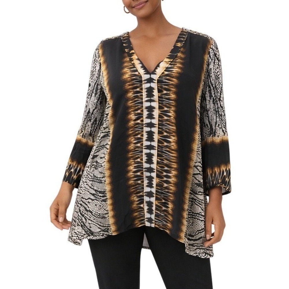NY Collection Women Mixed Animal Print V-Neck Blouse Black Tan Large Long Sleeve